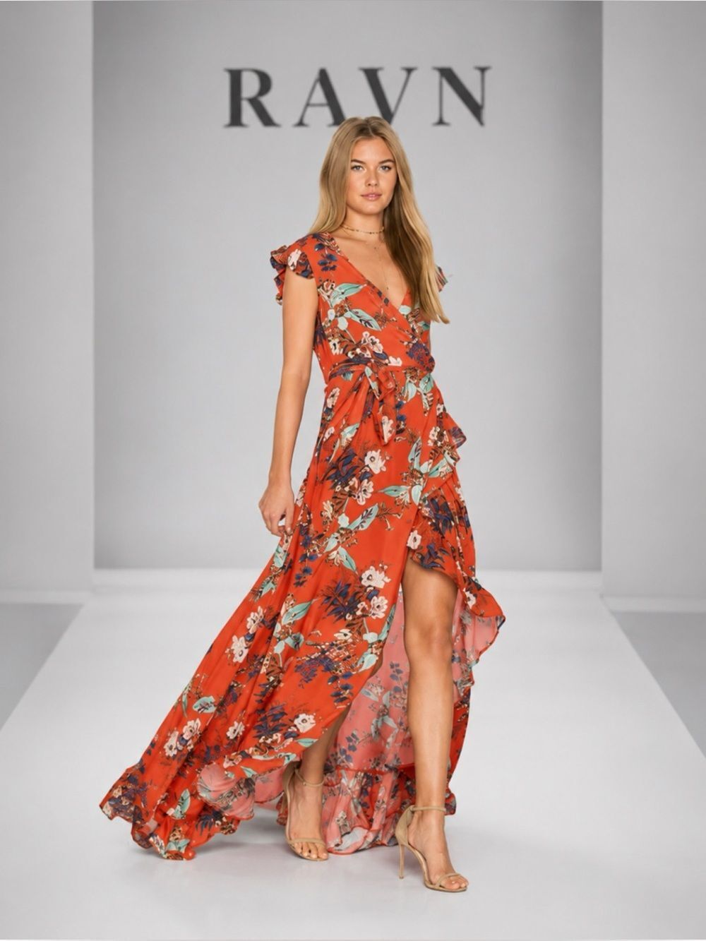 RAVN  Galla Dress in Flower Print Long Ruffle Maxi Wrap Dress Size M ~ Excellent
